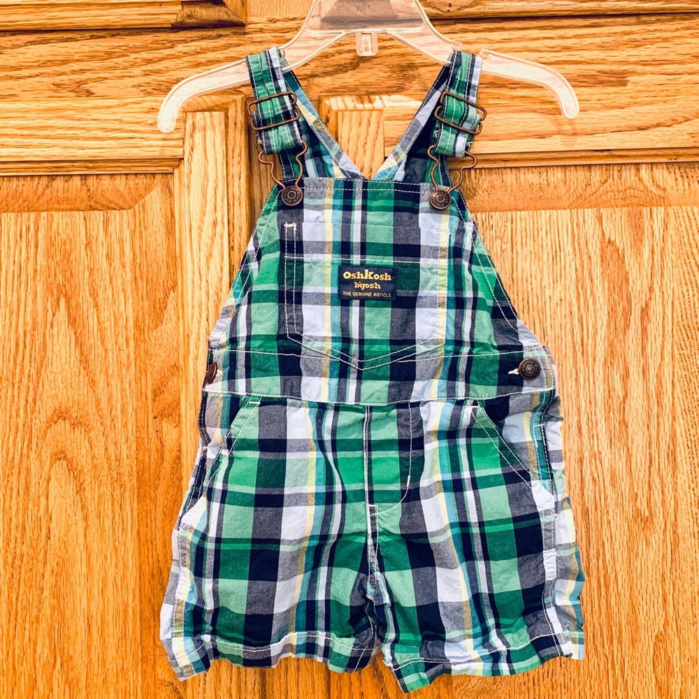 OshKosh B'gosh Green and Blue Plaid Overalls, size 12 mos